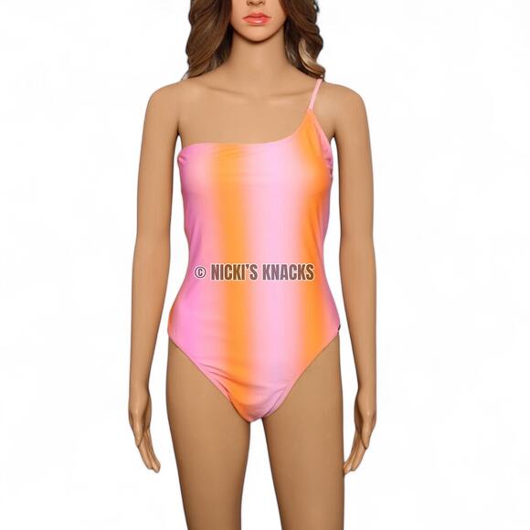 Kendall & Kylie One Shoulder Swimsuit Gradient Pink Orange Tie Dye Size L - Picture 2 of 10
